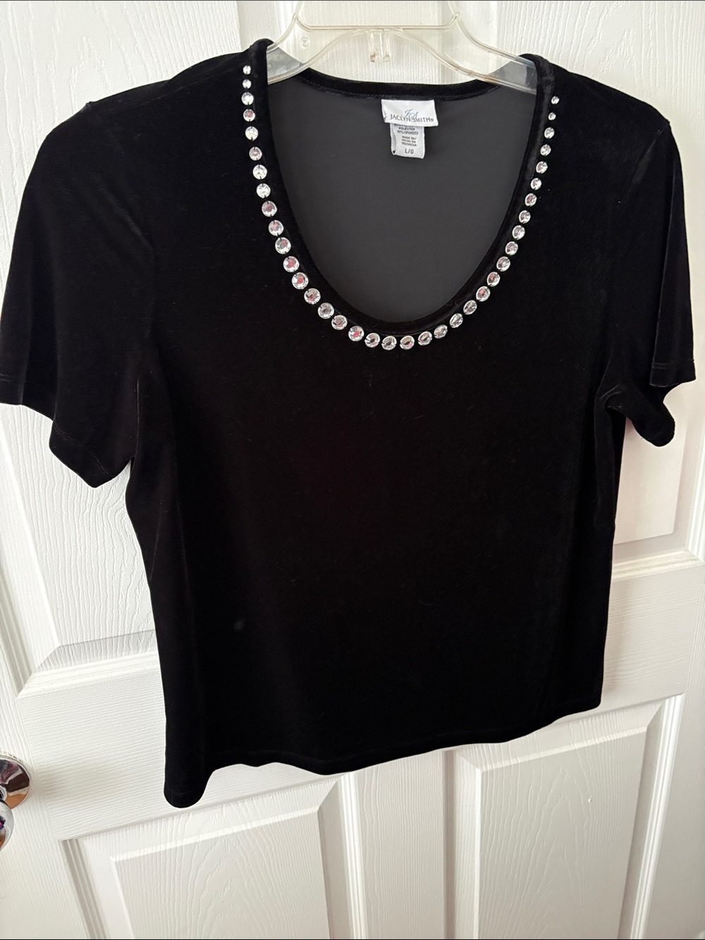 Jaclyn Smith Black Velvet Short- Sleeve Top with Rhinestone Trim